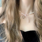 Romantic Imitation Pearl Sweet Bow Pendant Necklace
